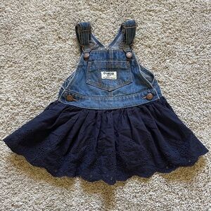 Oshkosh B’Gosh Baby Girl Overall Dress Vestbak Denim Navy Blue Eyelet Sz 9 Month